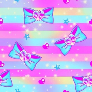 Pastel Kawaii Bows With Crystal Hearts, Stars, and Glitter on Pastel Stripes