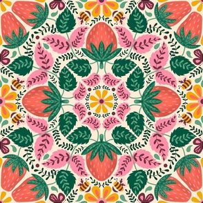 Strawberry Jubilee - Centered for Table Runner Purchases (21.5" Repeat), bright summer folk art botanical with green and pink leaves, berries, bees, and butterflies in a medallion pattern