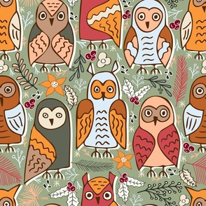 Owls in Christmas - holly, berry, flowers, winter forest