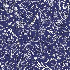 Cute Nautical Sea Creatures - navy and white (Large)