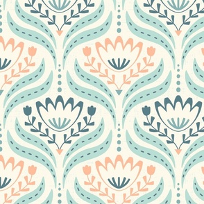 (M) Scandi Florals with a retro vibe  with alternating blooms in teal, blue, peach on textured cream background.  