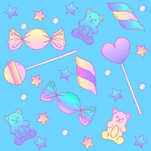 Pastel Kawaii Marshmallow Twists, Gummy Candy Bears, Taffy, Lollipops, and Stars
