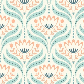 (M)  Scandi Florals with a retro vibe  with blooms in teal, blue, peach on textured cream background.