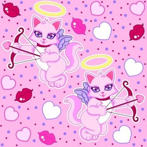 Kawaii Cupid Kitty Cats With Hearts, Lips, and Polka Dots