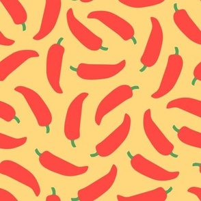 Chili Peppers  - spicy red chili peppers scattered on festive yellow background