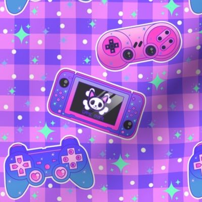 Pastel Kawaii Retro Video Game Controllers With Sparkles on Purple Gingham 