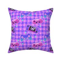 Pastel Kawaii Retro Video Game Controllers With Sparkles on Purple Gingham 