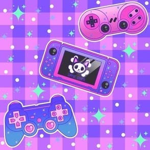 Pastel Kawaii Retro Video Game Controllers With Sparkles on Purple Gingham 
