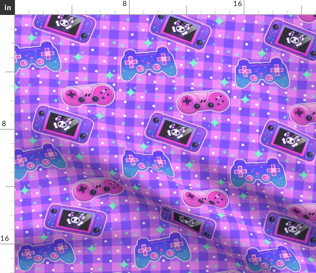 Pastel Kawaii Retro Video Game Controllers With Sparkles on Purple Gingham 