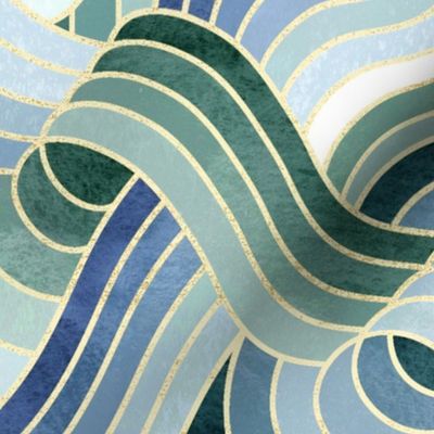 Stone Textured Gold Linework Swells - Ocean Hues - Large Scale 