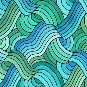 Watercolor Textured Black Linework Swells - Greens and Blues - Large Scale 