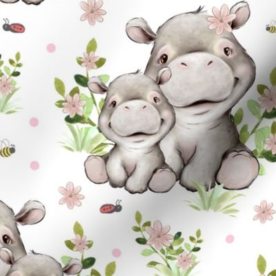 Pink Floral Safari Animals Hippo and Baby Girl Nursery Butterfly Ladybugs Greenery 