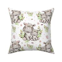 Pink Floral Safari Animals Hippo and Baby Girl Nursery Butterfly Ladybugs Greenery 