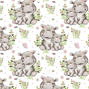 Pink Floral Safari Animals Hippo and Baby Girl Nursery Butterfly Ladybugs Greenery 