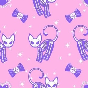 Pastel Goth Purple Skeleton Kitty Cat With Bone Bows and Bone Hearts -  Pink Coloway