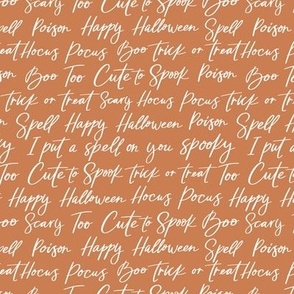 Halloween Lettering-Trick or Treat, Happy Halloween, Too cute to Spook on ochre brown