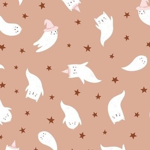Cute White cat Ghosts in witch hats on beige