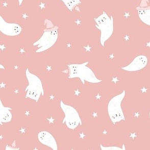 Cute White cat Ghosts in witch hats on muted pink