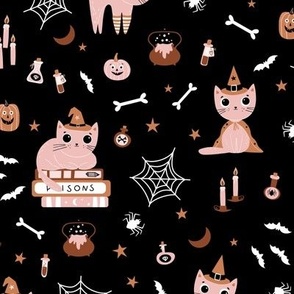 Cute pink Halloween cats in witch hats on black