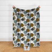 Abstract geometric pattern. Gray, brown, green hexagons on a white background.