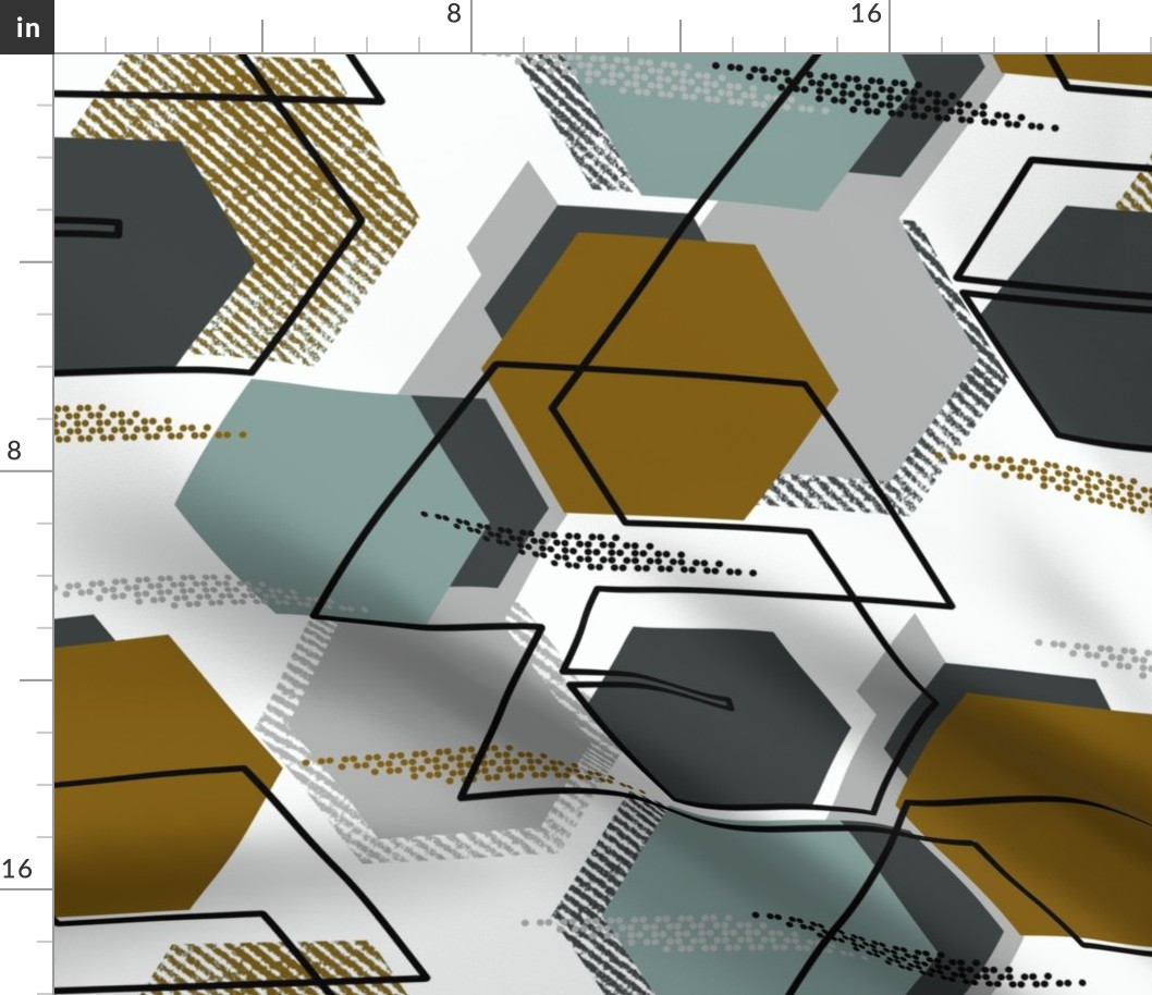 Abstract geometric pattern. Gray, brown, green hexagons on a white background.