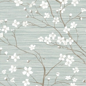 Dogwood Tree Blossoms  -   Greige/Caribbean Blue Grasscloth Wallpaper 
