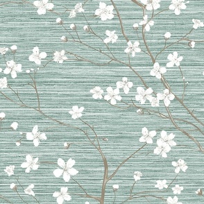 Dogwood Tree Blossoms -  Seaglass Green Grasscloth Wallpaper 