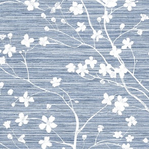 Dogwood Tree Blossoms - White on Azure Blue Grasscloth Wallpaper 