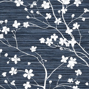 Dogwood Tree Blossoms - White on Navy Blue Grasscloth Wallpaper 