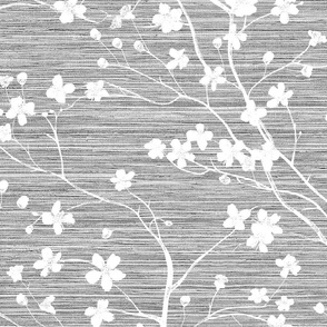 Dogwood Tree Blossoms - White on Light-Gray Grasscloth Wallpaper 
