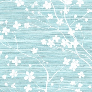 Dogwood Tree Blossoms - White on Caribbean Blue Grasscloth Wallpaper 