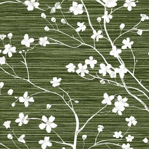 Dogwood Tree Blossoms - White on Deep Avocado Grasscloth Wallpaper 