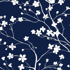 Dogwood Tree Blossoms  -    White on  Navy Blue Wallpaper