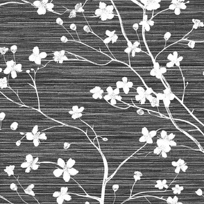 Dogwood Tree Blossoms - White on Charcoal Grasscloth Wallpaper 