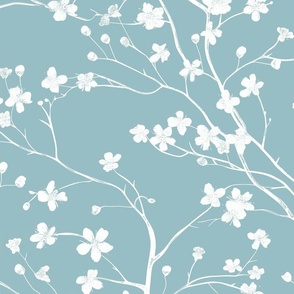 Dogwood Tree Blossoms  -  White on  French  Blue Wallpaper 