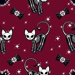 Gothic Skeleton Kitty Cat With Bone Bows and Bone Hearts - Burgundy Colorway
