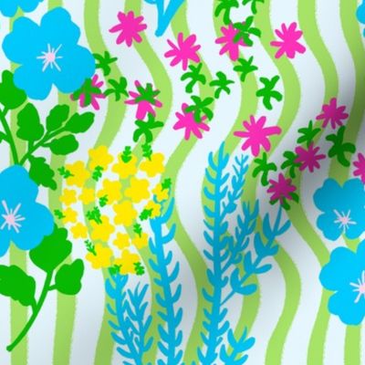 Fern Meadow Flowers Mini Wavy Grass Green And Sky Blue Stripe Lemon Yellow, Cerise Hot Pink, Baby Turquoise Blue And Pastel Pink Retro Modern Scandi Coastal Granny Summer Cottage Vintage Garden Wallpaper Style Repeat Floral Pattern