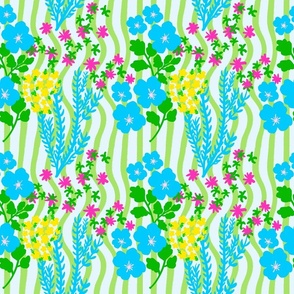 Fern Meadow Flowers Mini Wavy Grass Green And Sky Blue Stripe Lemon Yellow, Cerise Hot Pink, Baby Turquoise Blue And Pastel Pink Retro Modern Scandi Coastal Granny Summer Cottage Vintage Garden Wallpaper Style Repeat Floral Pattern