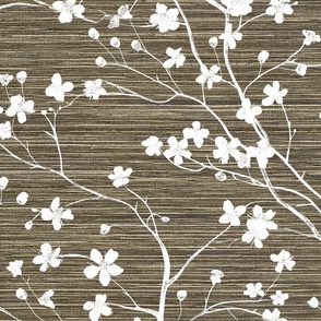 Dogwood Tree Blossoms - White on Bronze Grasscloth Wallpaper 