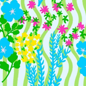 Fern Meadow Flowers Big Wavy Grass Green And Sky Blue Stripe Lemon Yellow, Cerise Hot Pink, Baby Turquoise Blue And Pastel Pink Retro Modern Scandi Coastal Granny Summer Cottage Vintage Garden Wallpaper Style Repeat Floral Pattern