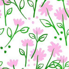 Puff Garden Flower Field With Pale Pink And Grass Green Prairie Meadow Flowers On White Ditzy Summer Hand-Drawn Illustration  Daisy Floral Blossom Blooms Repeat Pattern