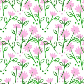 Puff Garden Flower Field With Mini Pale Pink And Grass Green Prairie Meadow Flowers On White Ditzy Summer Hand-Drawn Illustration  Daisy Floral Blossom Blooms Repeat Pattern