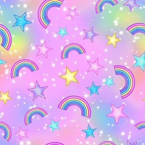 Pastel Kawaii Glitter Rainbows With Pastel Rainbow Glitter Stars, Galaxy Clouds and Sparkles