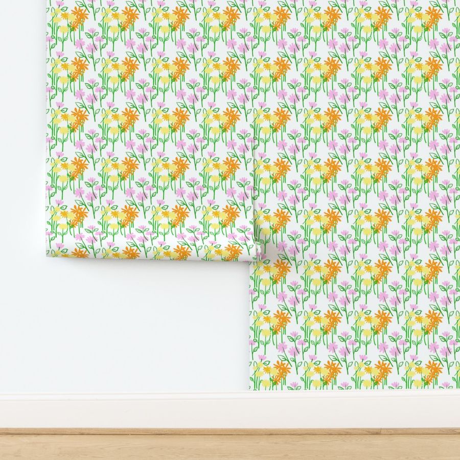 Maisy Daisy Garden Flower Field With Big Pale Yellow Dandelion, Pink Prairie Rose, And Bright Citrus Orange Daisy Floral Blossom Blooms With Grass Green Leaves On White Ditzy Summer Botany Hand-Drawn Illustration Repeat Pattern