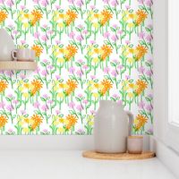 Maisy Daisy Garden Flower Field With Big Pale Yellow Dandelion, Pink Prairie Rose, And Bright Citrus Orange Daisy Floral Blossom Blooms With Grass Green Leaves On White Ditzy Summer Botany Hand-Drawn Illustration Repeat Pattern