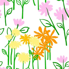 Maisy Daisy Garden Flower Field With Pale Yellow Dandelion, Pink Prairie Rose, And Bright Citrus Orange Daisy Floral Blossom Blooms With Grass Green Leaves On White Ditzy Summer Botany Hand-Drawn Illustration Repeat Pattern