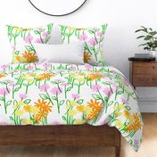 Maisy Daisy Garden Flower Field With Mini Pale Yellow Dandelion, Pink Prairie Rose, And Bright Citrus Orange Daisy Floral Blossom Blooms With Grass Green Leaves On White Ditzy Summer Botany Hand-Drawn Illustration Repeat Pattern