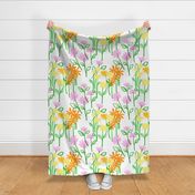 Maisy Daisy Garden Flower Field With Mini Pale Yellow Dandelion, Pink Prairie Rose, And Bright Citrus Orange Daisy Floral Blossom Blooms With Grass Green Leaves On White Ditzy Summer Botany Hand-Drawn Illustration Repeat Pattern