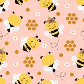cute happy bees on a pink background
