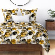 Abstract geometric grunge pattern. Yellow, mustard, brown hexagons on a white background.